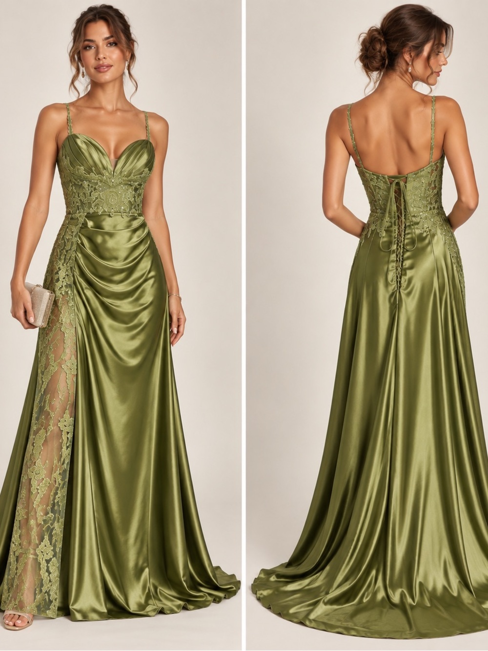 VIP Bridal Olive Green Satin Lace Corset Prom Gown Dress Size 12